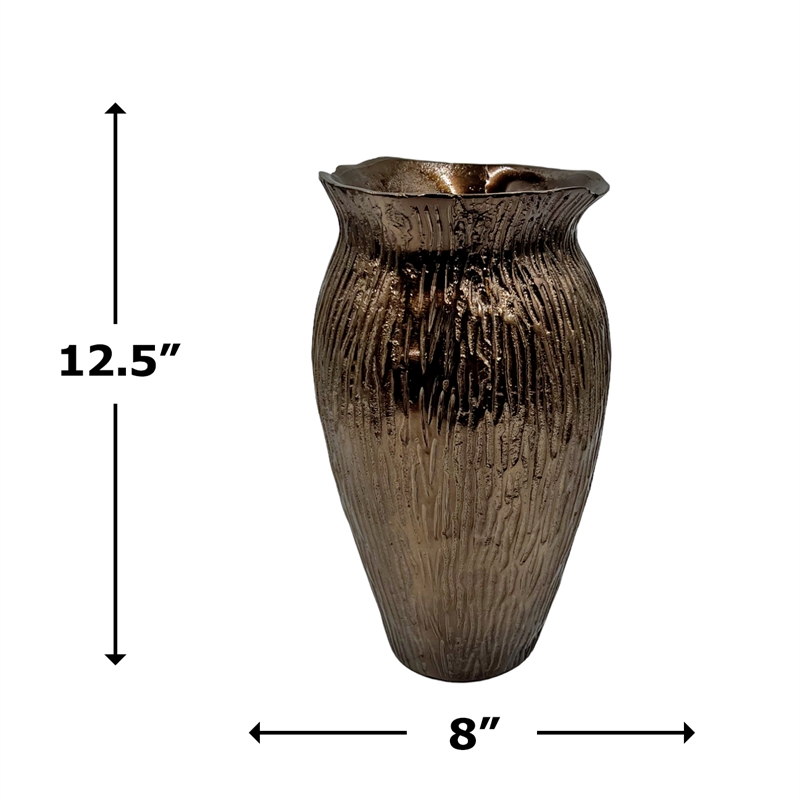 Bergamo Art 13 Inch Tall Aluminum Decorative Flower Vase with Wood Bark Pattern