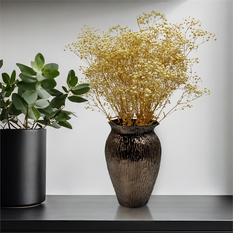 Bergamo Art 13 Inch Tall Aluminum Decorative Flower Vase with Wood Bark Pattern