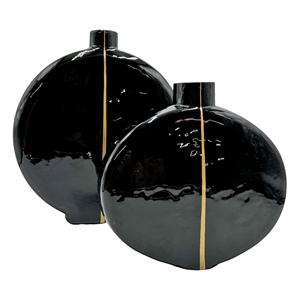 Bergamo Art Set of 2 13&quot Hand Blown Glass Modern Decorative Flower Vases Black