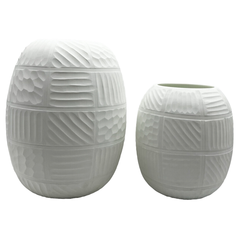Bergamo Art Set of 2 Decorative Handmade Glass Round Carved Vase in White