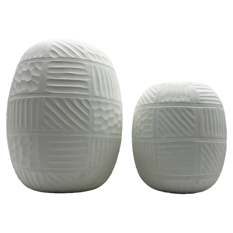 Bergamo Art Set of 2 Decorative Handmade Glass Round Carved Vase in White