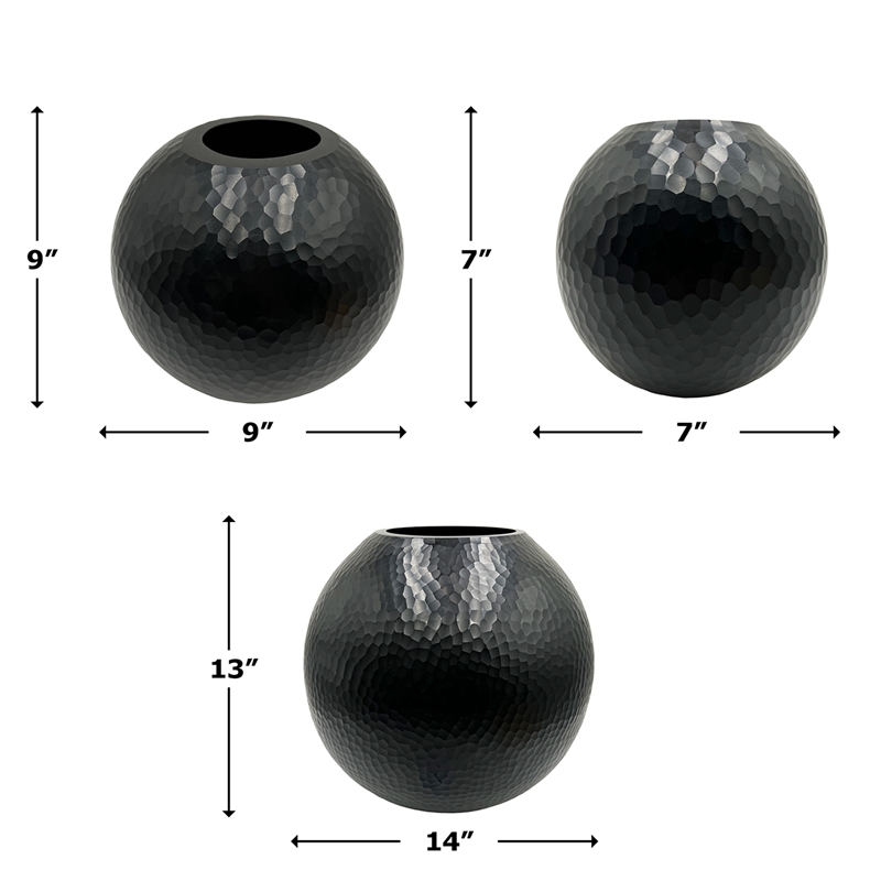 Bergamo Art Set of 3 Decorative Handmade Glass Round Vase in Black