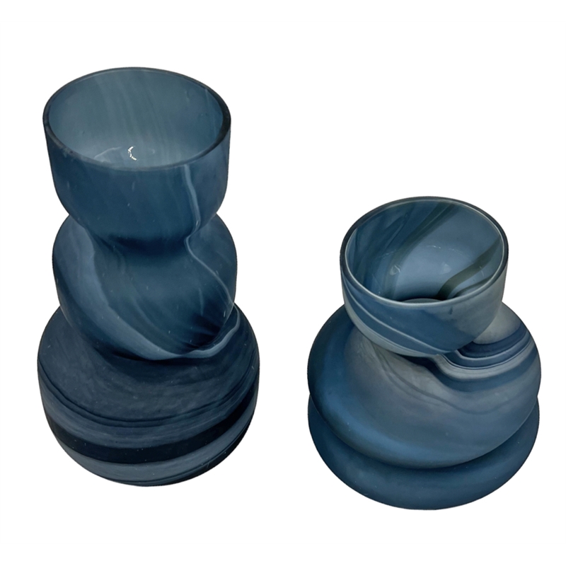 Bergamo Art Set of 2 Decorative Handmade Glass Azure Marble Geometric Vase