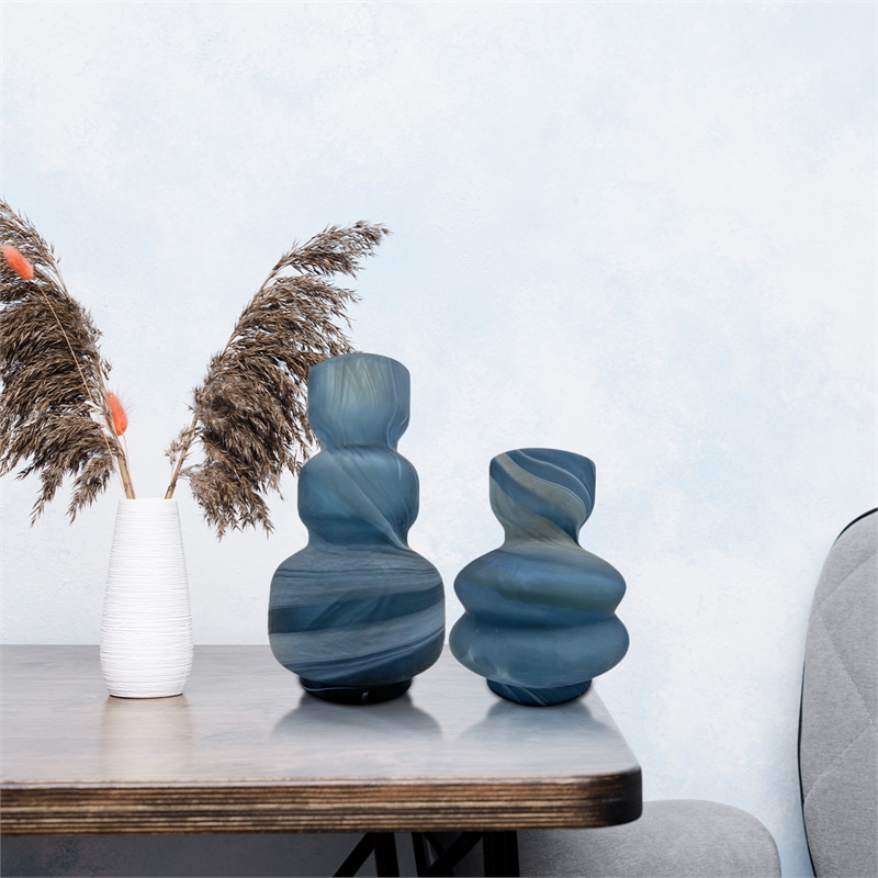 Bergamo Art Set of 2 Decorative Handmade Glass Azure Marble Geometric Vase