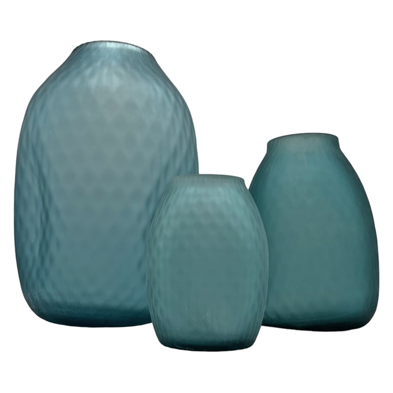 Bergamo Art Set of 3 Decorative Handmade Glass Flower Vase in Blue