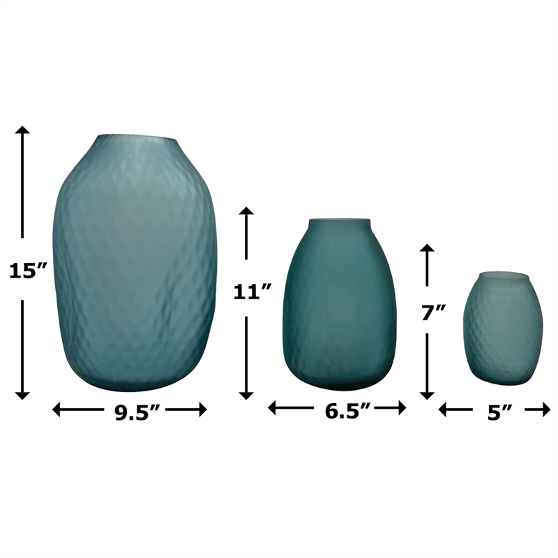 Bergamo Art Set of 3 Decorative Handmade Glass Flower Vase in Blue