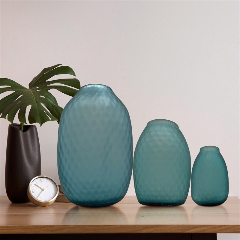 Bergamo Art Set of 3 Decorative Handmade Glass Flower Vase in Blue