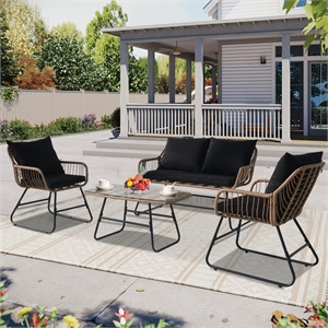 4-Piece Outdoor Furniture Set Rattan Wicker Patio Conversation Bistro Set &Table
