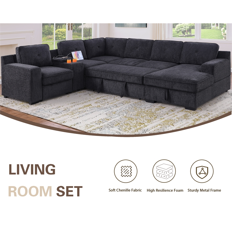 GOOEEN Modern Chenille Sofa 6-Seater Living Room Set Pull Out Sofa Bed-Dark Gray