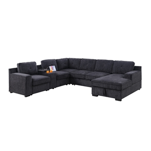 GOOEEN Modern Chenille Sofa 6-Seater Living Room Set Pull Out Sofa Bed-Dark Gray