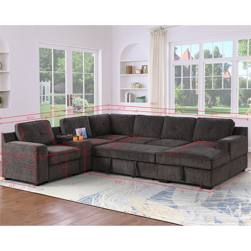 GOOEEN Modern Chenille Sofa 6-Seater Living Room Set Pull Out  Sofa Bed-Brown