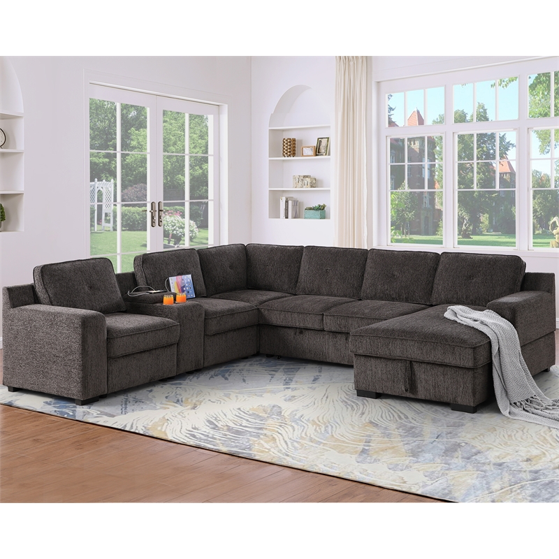 GOOEEN Modern Chenille Sofa 6-Seater Living Room Set Pull Out  Sofa Bed-Brown