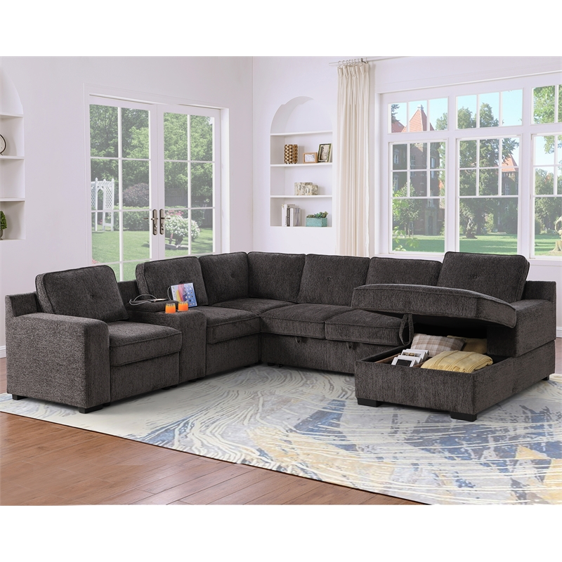 GOOEEN Modern Chenille Sofa 6-Seater Living Room Set Pull Out  Sofa Bed-Brown