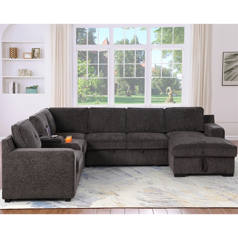 GOOEEN Modern Chenille Sofa 6-Seater Living Room Set Pull Out  Sofa Bed-Brown