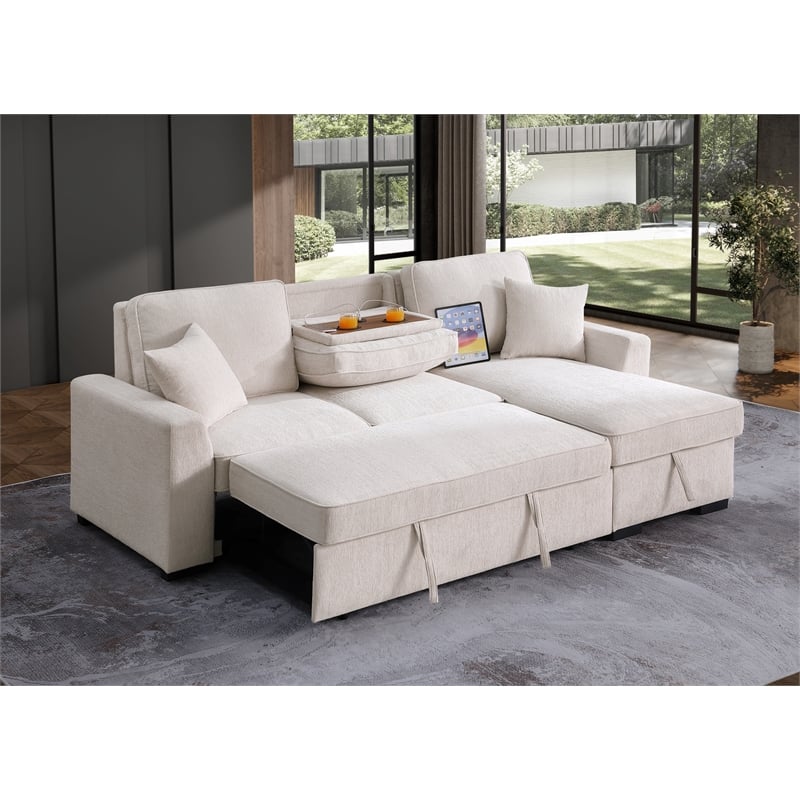 GOOEEN Chenille Pull Out Sofa Bed Modern L-Shaped Sleeper Sofa Beige