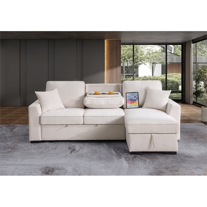 GOOEEN Chenille Pull Out Sofa Bed Modern L-Shaped Sleeper Sofa Beige