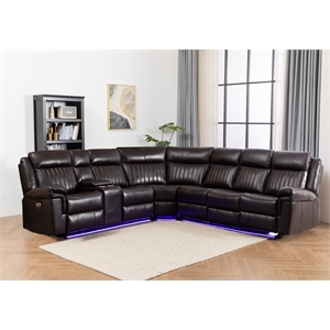 Power Reclining Sectional Faux Leather Sofa Speaker LED Strip Brown