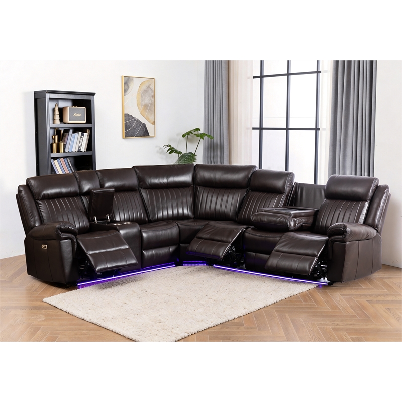 Power Reclining Sectional Faux Leather Sofa Speaker LED Strip Brown