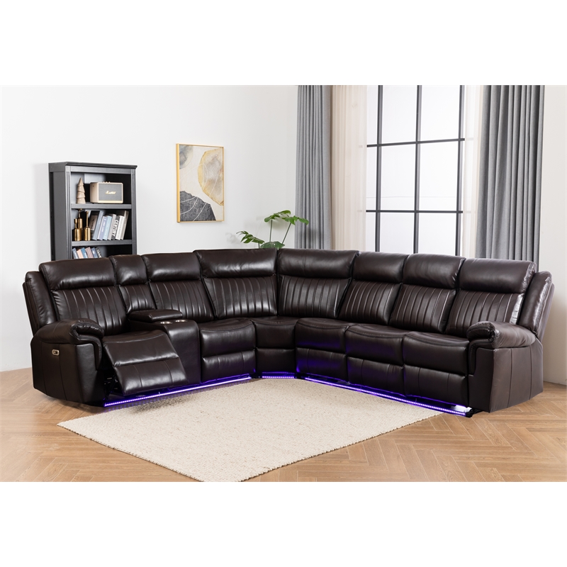 Power Reclining Sectional Faux Leather Sofa Speaker LED Strip Brown