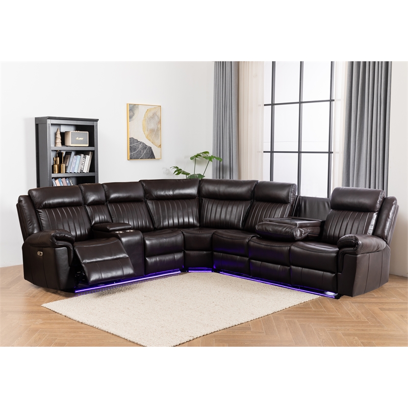 Power Reclining Sectional Faux Leather Sofa Speaker LED Strip Brown