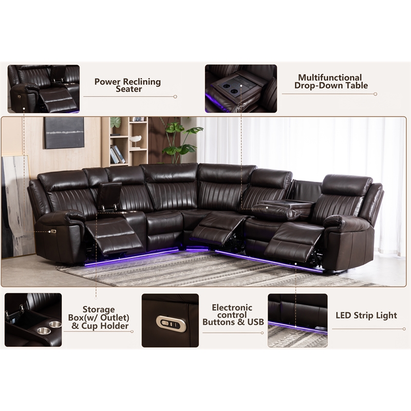 Power Reclining Sectional Faux Leather Sofa Speaker LED Strip Brown