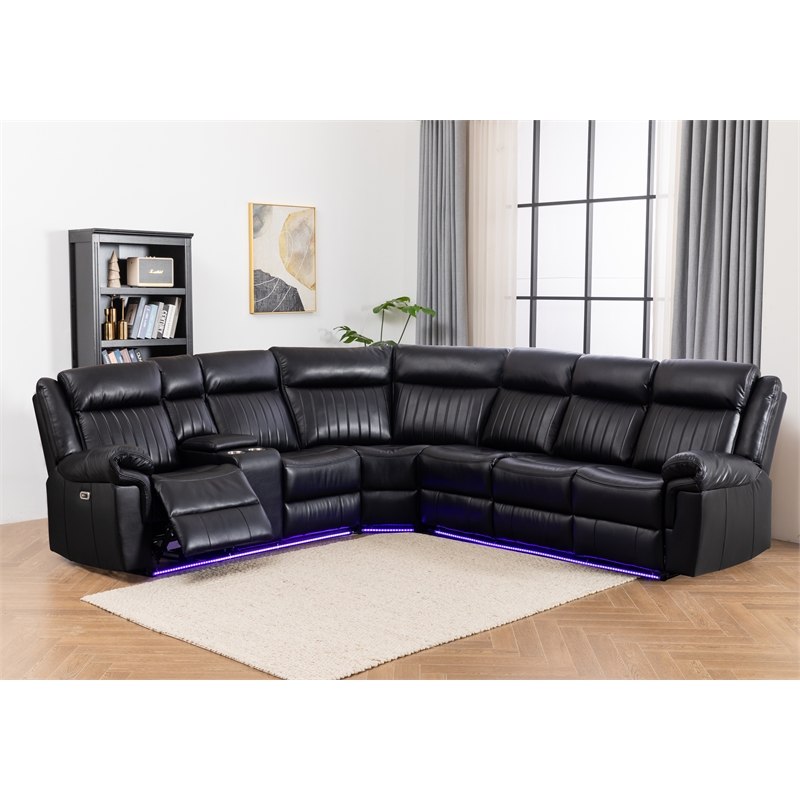 Power Reclining Sectional Faux Leather Sofa Speaker LED Strip Black