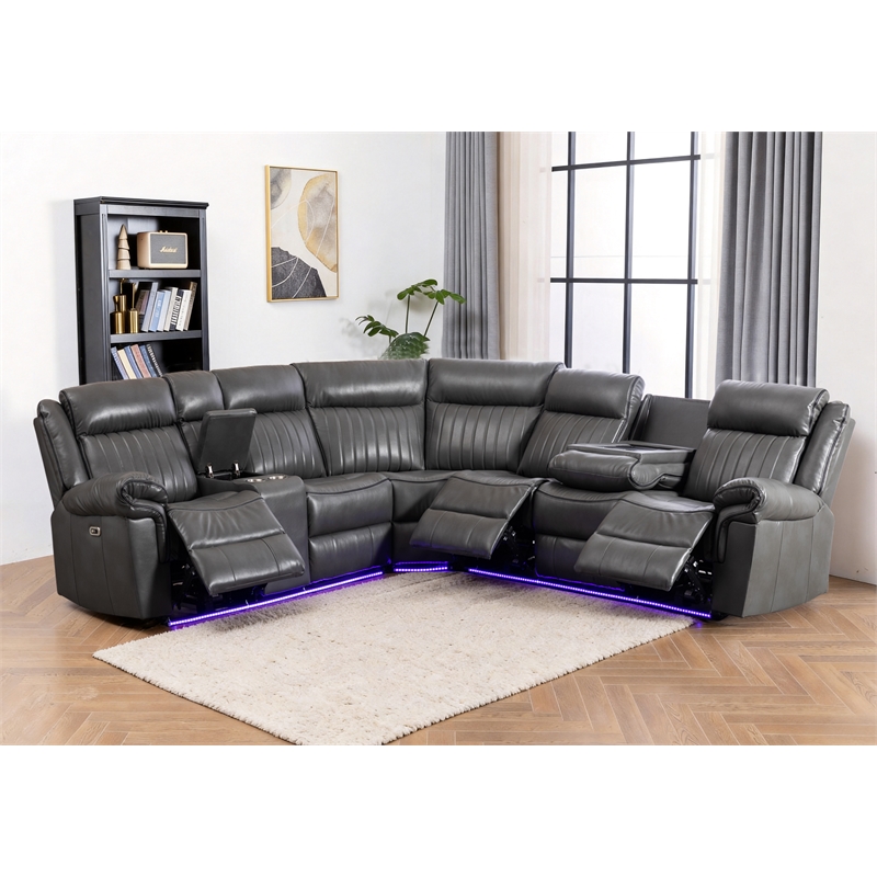 Power Reclining Sectional Faux Leather Sofa Speaker LED Strip Gray