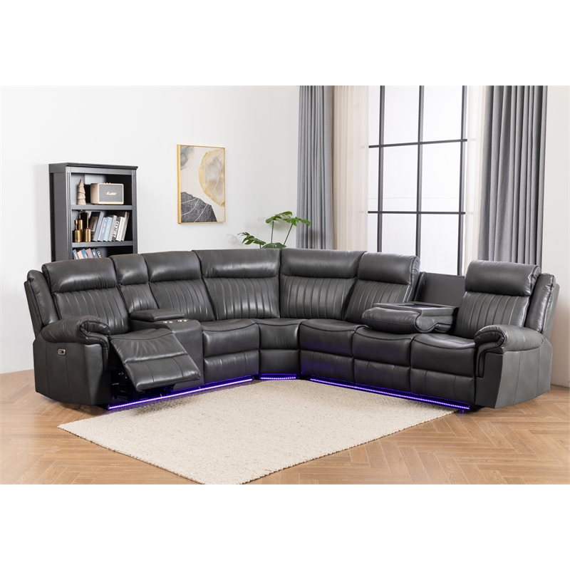 Power Reclining Sectional Faux Leather Sofa Speaker LED Strip Gray