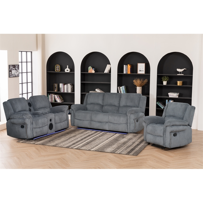 3-Piece Reclining Corduroy Sofa Set LED Strip & Speaker Gray