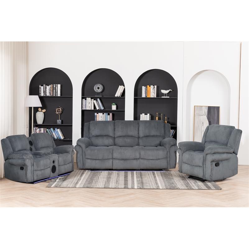 3-Piece Reclining Corduroy Sofa Set LED Strip & Speaker Gray