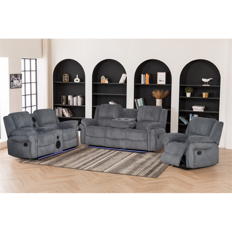 3-Piece Reclining Corduroy Sofa Set LED Strip & Speaker Gray