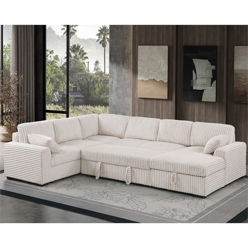 Modern Sleeper Sofa Set with Pull Out Bed Storage Chaise Fabric Beige