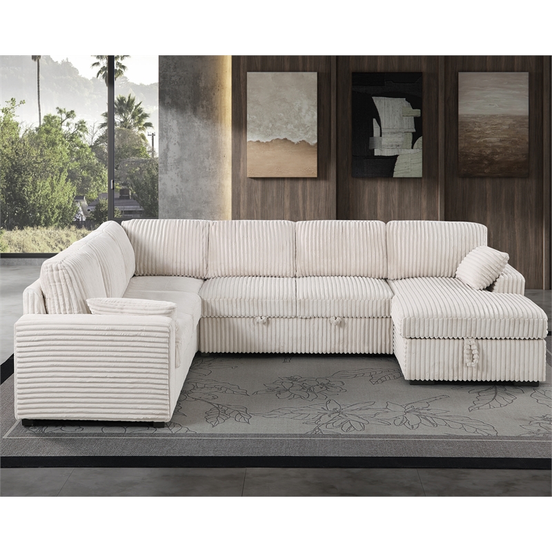Modern Sleeper Sofa Set with Pull Out Bed Storage Chaise Fabric Beige
