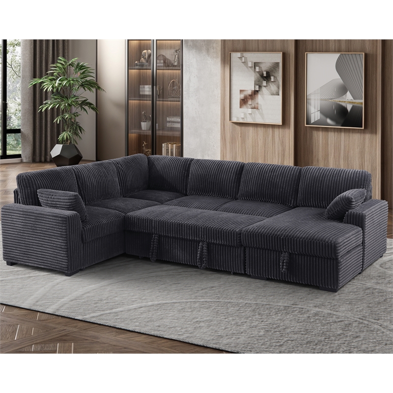 Modern Sleeper Sofa Set with Pull Out Bed Storage Chaise Fabric Dark Gray