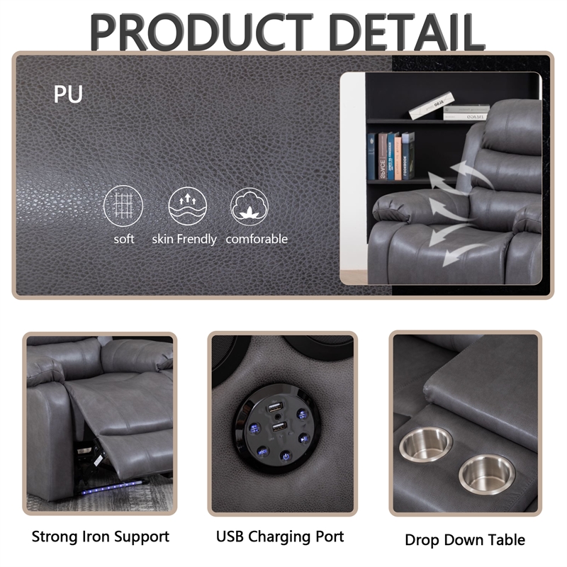 3-Piece Faux Leather Reclining Sofa Set Drop Down Table USB Charging Gray