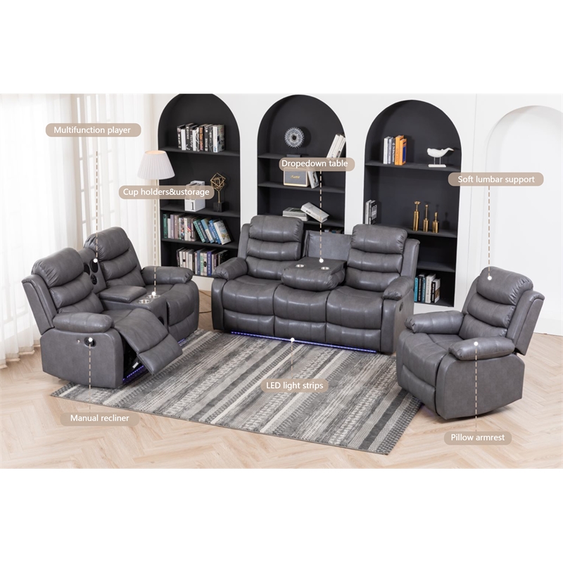 3-Piece Faux Leather Reclining Sofa Set Drop Down Table USB Charging Gray