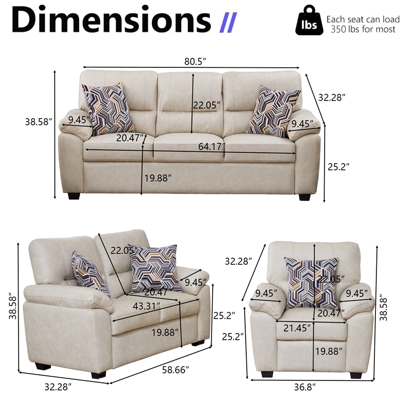 3-Piece Living Room Sofa Set Matte Faux Leather Living Room Set Beige