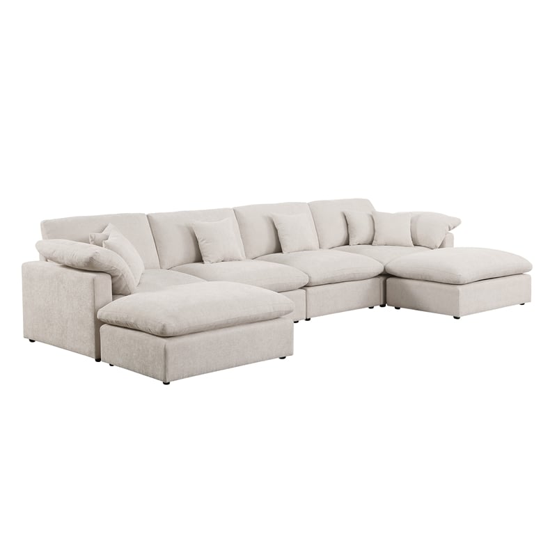 U-Shaped Chenille Sectional Sofa Cloud Couch with Ottoman Beige