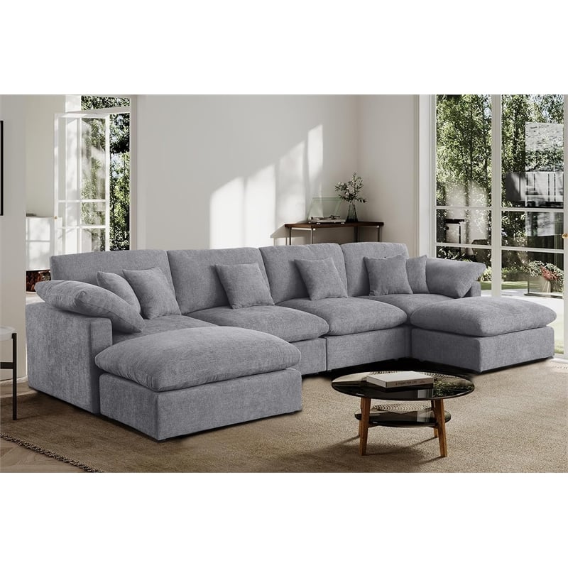 U-Shaped Chenille Sectional Sofa Cloud Couch with Ottoman Gray
