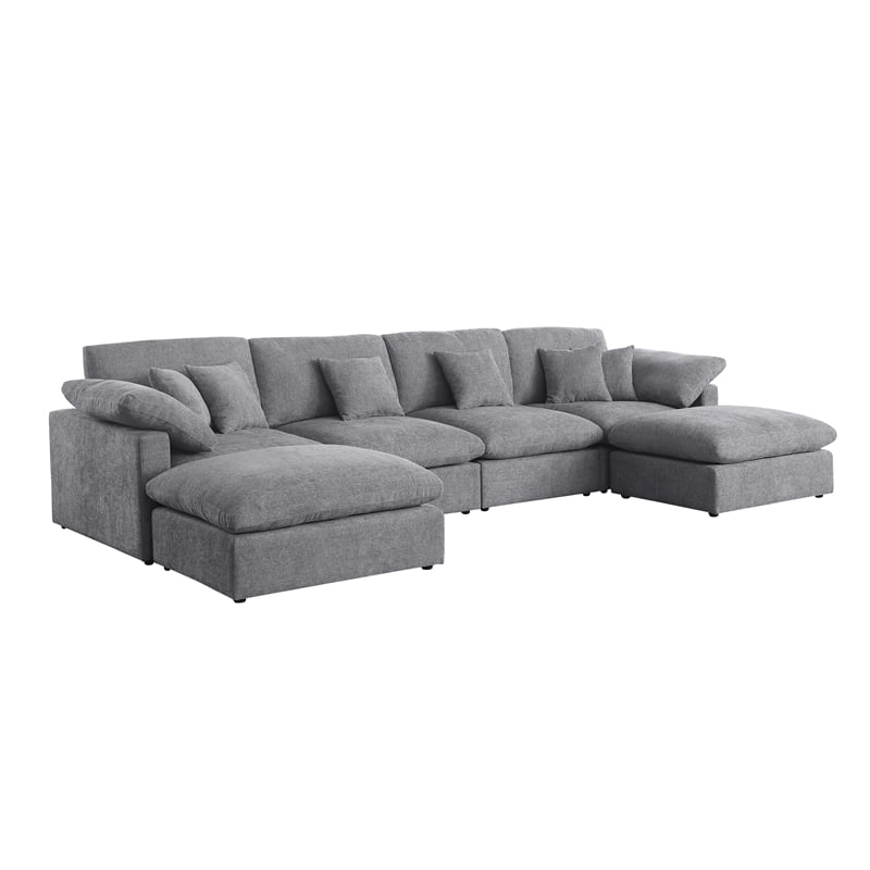 U-Shaped Chenille Sectional Sofa Cloud Couch with Ottoman Gray