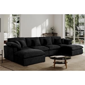U-Shaped Chenille Sectional Sofa Cloud Couch with Ottoman Black