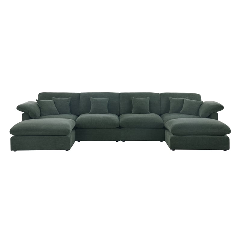 U-Shaped Chenille Sectional Sofa Cloud Couch with Ottoman Green