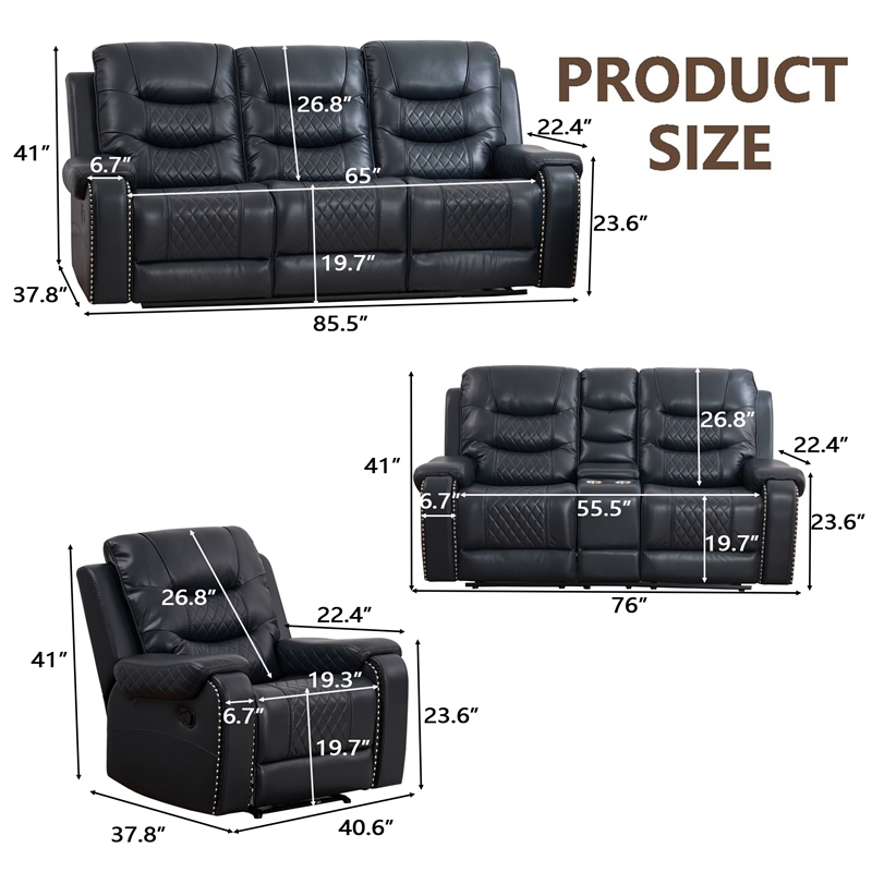 3-Piece Faux Leather Reclining Sofa Set with Drop Down Table USB Charging Blue