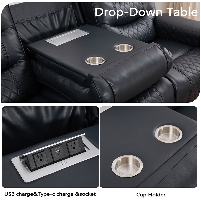 3-Piece Faux Leather Reclining Sofa Set with Drop Down Table USB Charging Blue