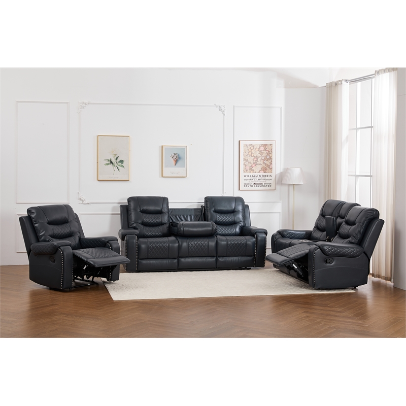 3-Piece Faux Leather Reclining Sofa Set with Drop Down Table USB Charging Blue