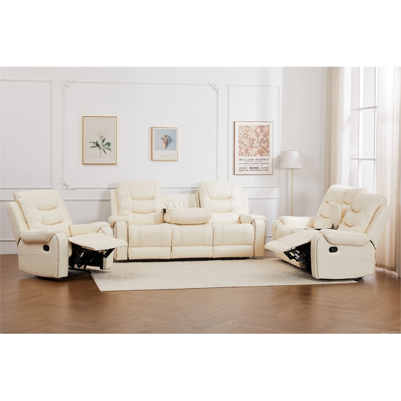3-Piece Faux Leather Reclining Sofa Set with Drop Down Table USB Charging Beige