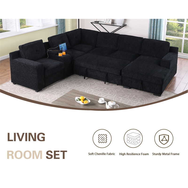 Modern Chenille Sofa 6-Seater Living Room Set Pull Out Sofa Bed-Black