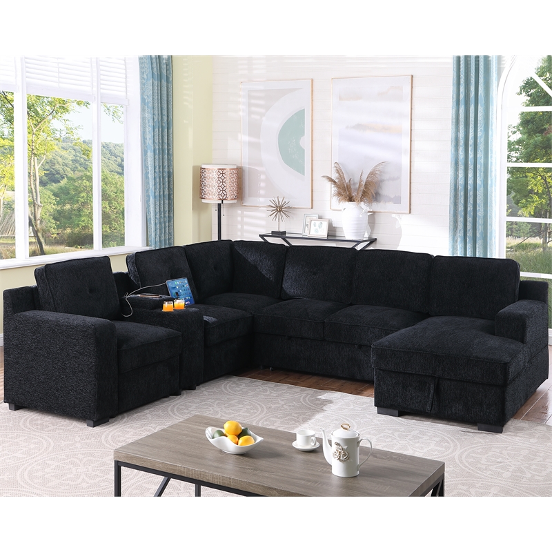 Modern Chenille Sofa 6-Seater Living Room Set Pull Out Sofa Bed-Black