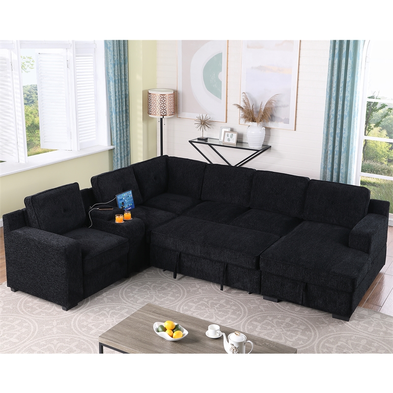Modern Chenille Sofa 6-Seater Living Room Set Pull Out Sofa Bed-Black