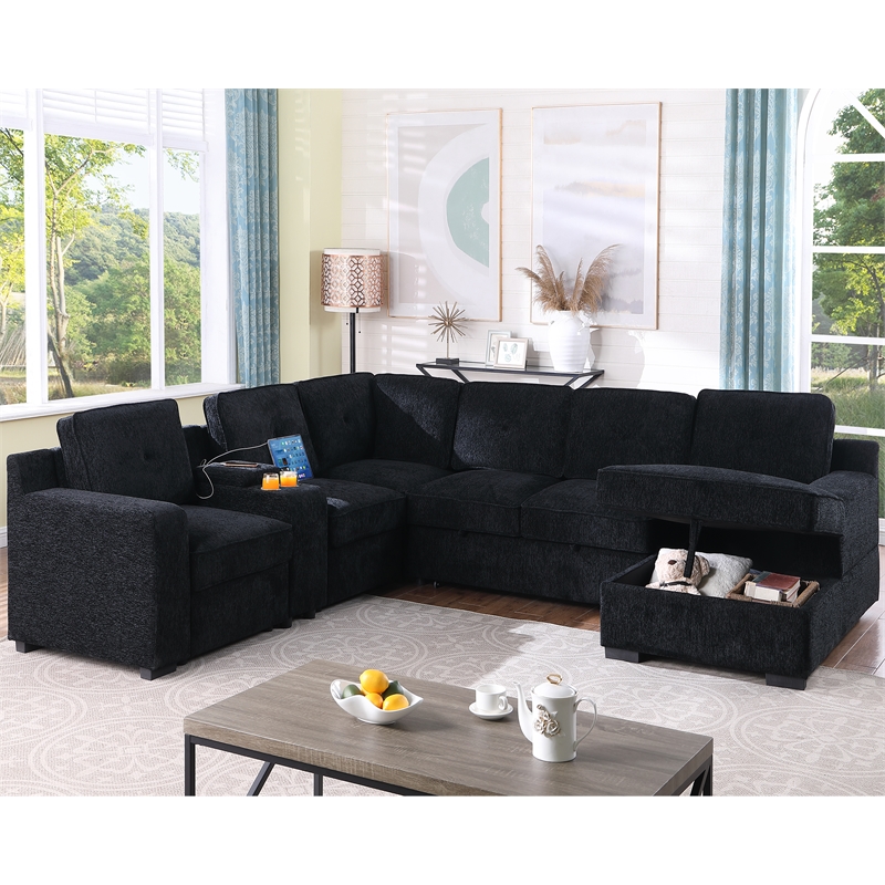 Modern Chenille Sofa 6-Seater Living Room Set Pull Out Sofa Bed-Black